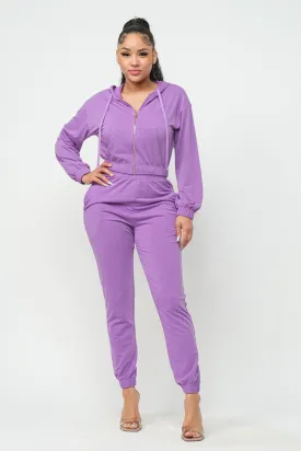 Dark Violet French Terry Cropped Zip-up Hoodie Jogger Set