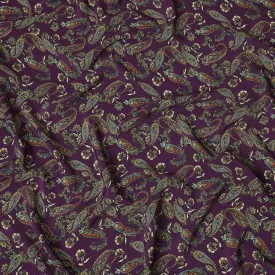 Deep Purple Viscose Fabric with Paisley and Floral Digital Print, 110 cm Width-D20621