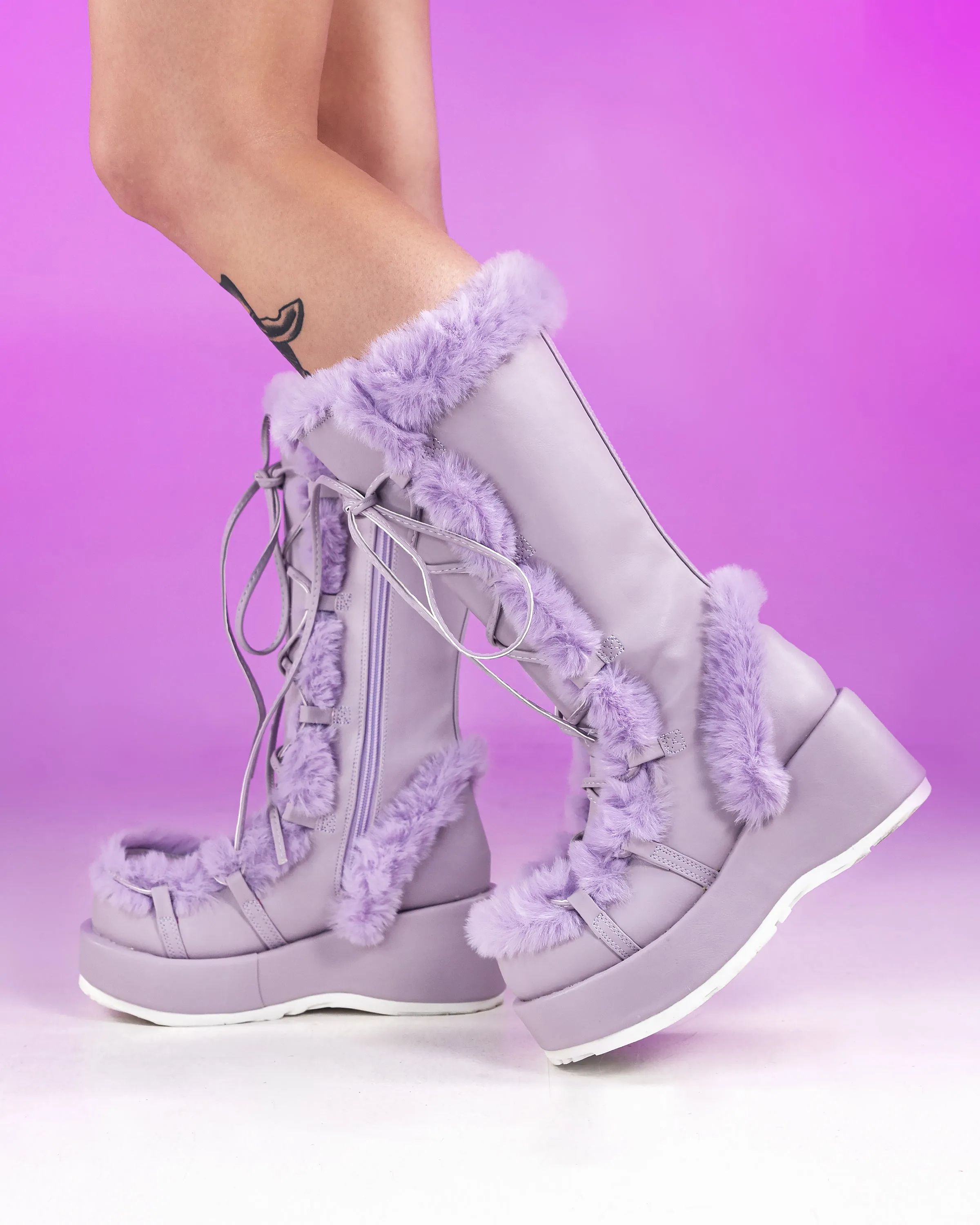 Demonia Lavender Winter Solstice Faux Fur Boots