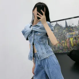 Denim Jackets For Women Lapel short Sleeve Folds Patchwork Button Casual Loose Jacket Female Fashion Clothing