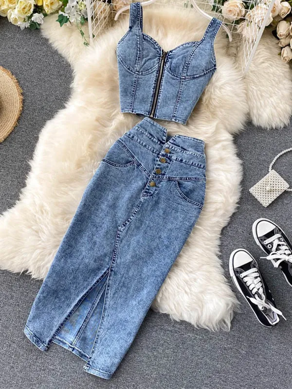 Denim Midi Skirts Set