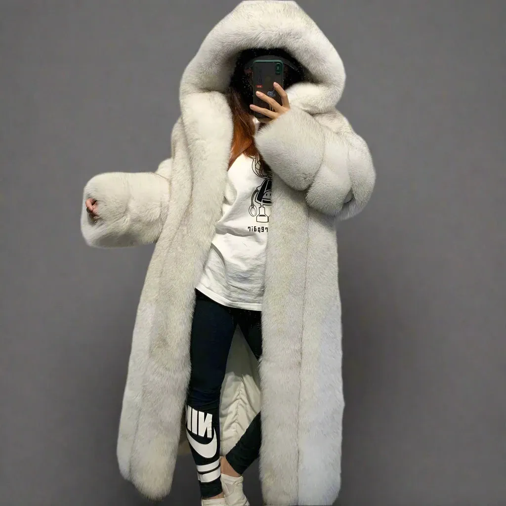 Designer Real Hooded Fox Fur Coat Full Length