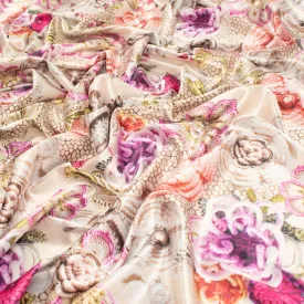 Digital Printed Satin Design-27 Pink Knit Floral on Beige