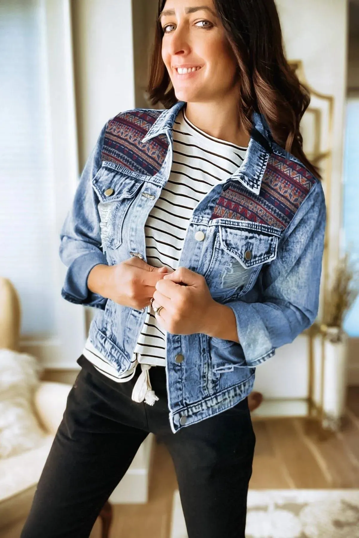 Distressed Tribal Patch Denim Jacket