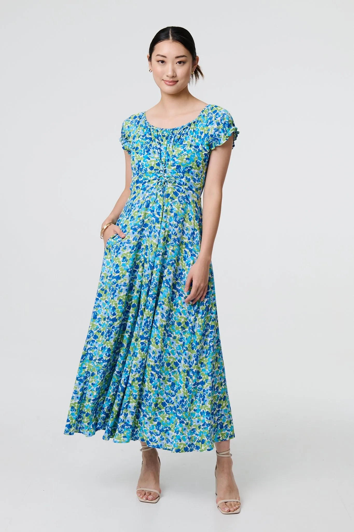 Ditsy Floral Bardot Smock Midi Dress