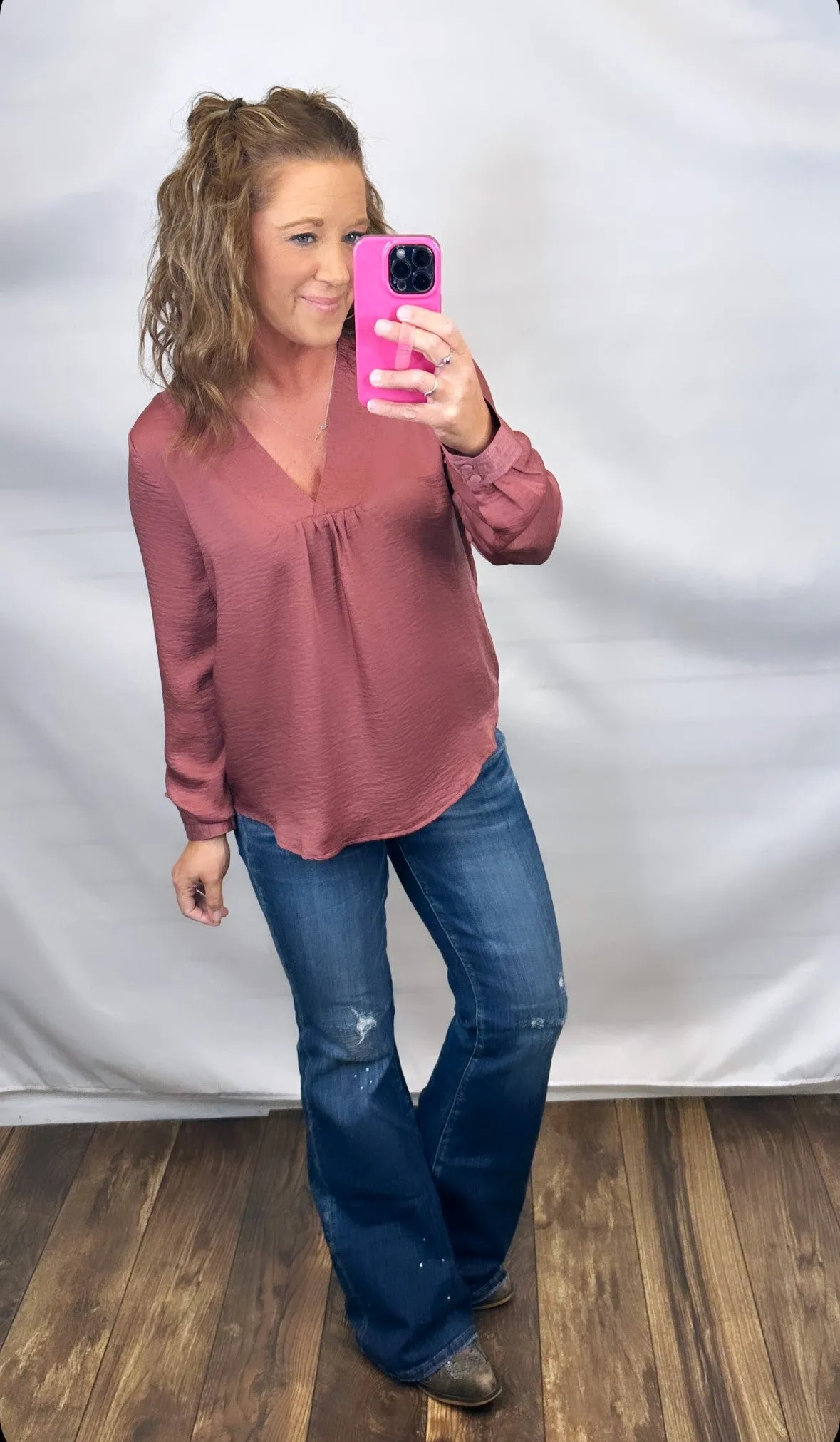 Dk Mauve Textured Satin Vneck LS Blouse (SM-3X)