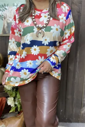 DLH15336 Sunflower&wide striped multi color printed long sleeve women tops