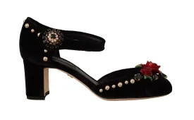 Dolce & Gabbana Black Crystal Rose Heel Sandals