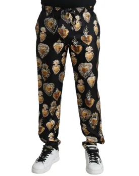 Dolce & Gabbana Black Heart Print Silk Men Pajama Pants