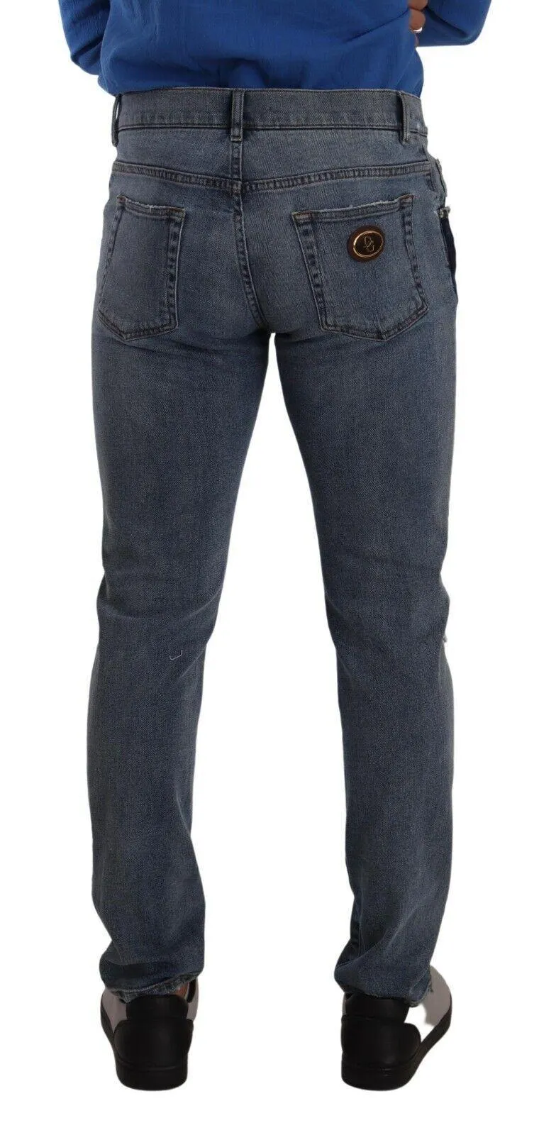 Dolce & Gabbana Blue Two Tone Tattered Cotton Slim Denim Jeans