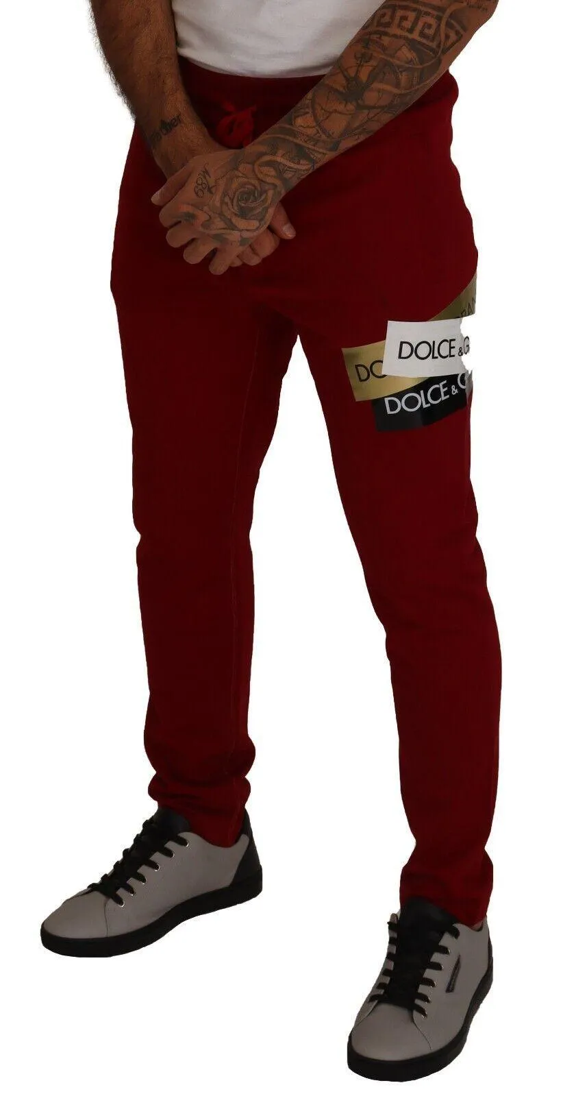 Dolce & Gabbana Red Cotton Logo Patch Sweatpants Jogging Pants