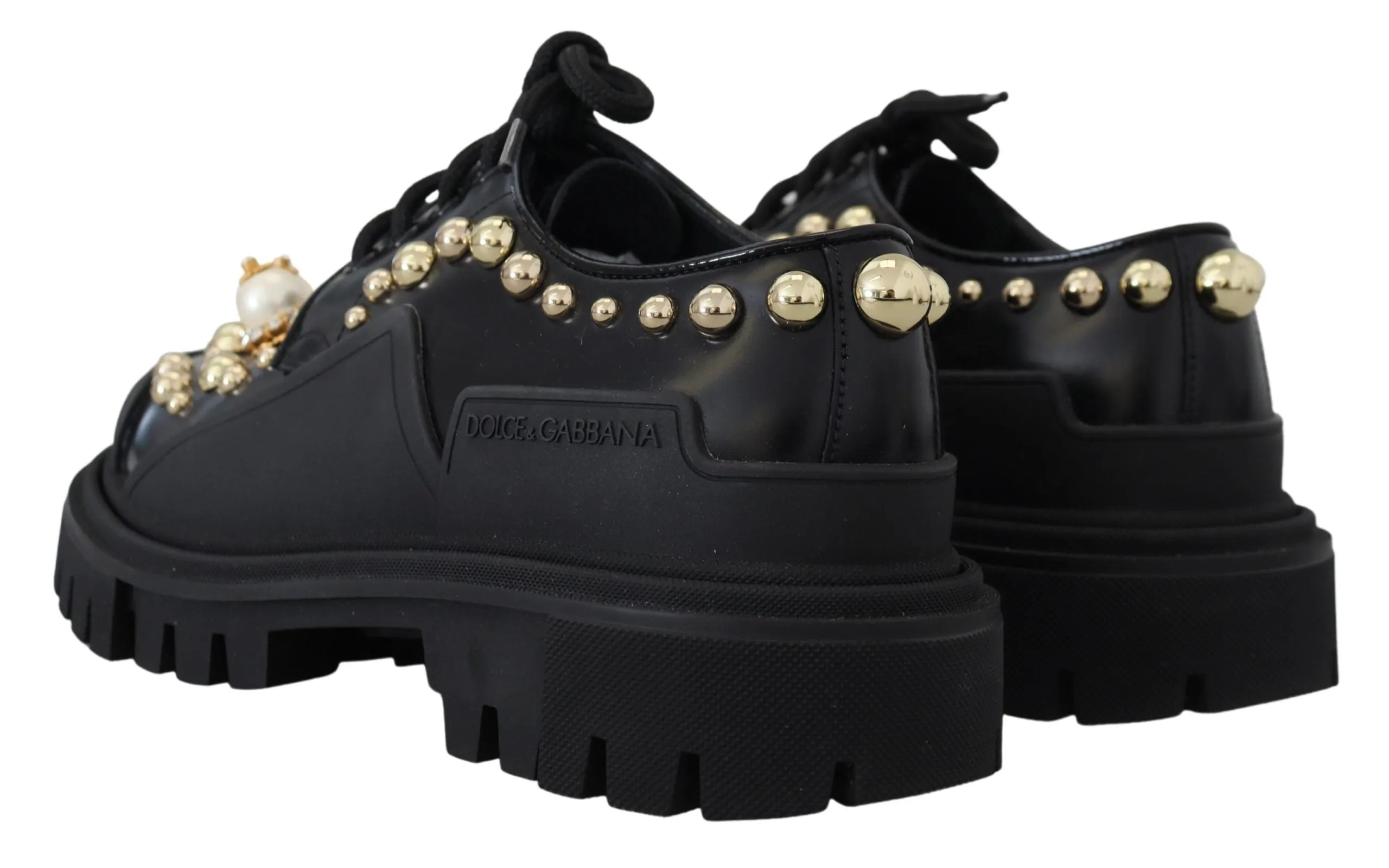 Dolce & Gabbana Timeless Black Leather Derby Flats with Glam Accents