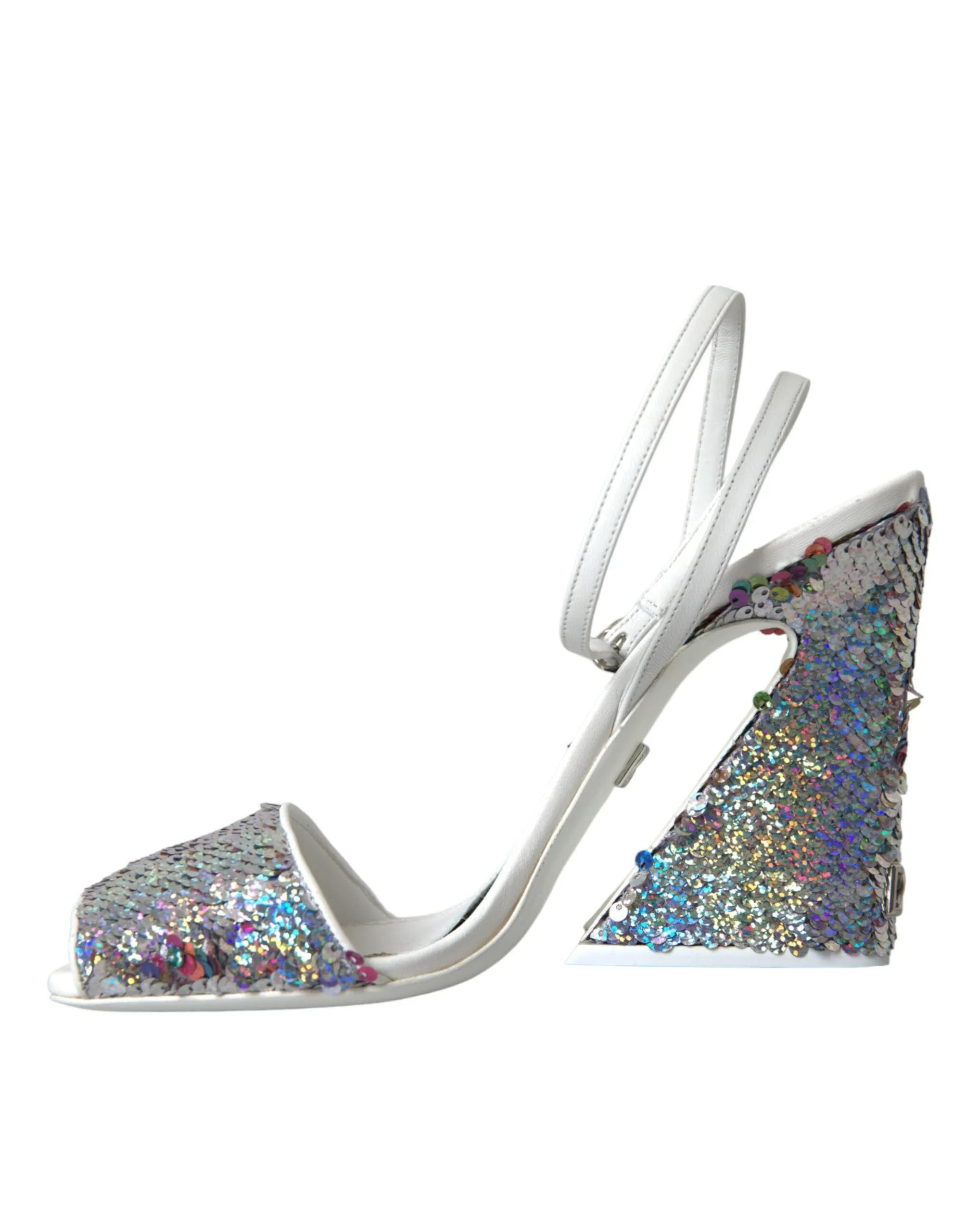 Dolce & Gabbana White Silver Sequin Ankle Strap Sandals Shoes