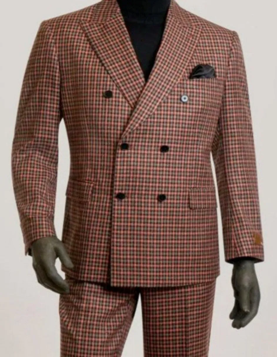 Double Breasted Suit in Gray and Orange By Steve Harvey Suit Clothing Line - Plaid Checkered Patterned Suit