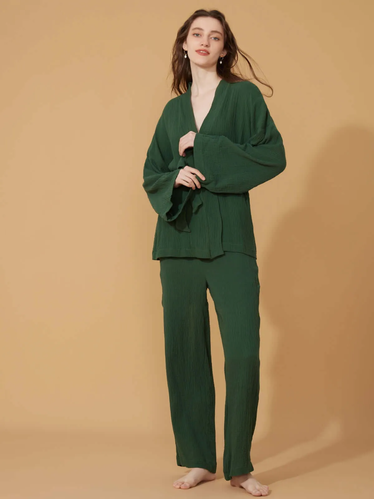 Double Gauze Cotton Robe and Pants Pajama Set