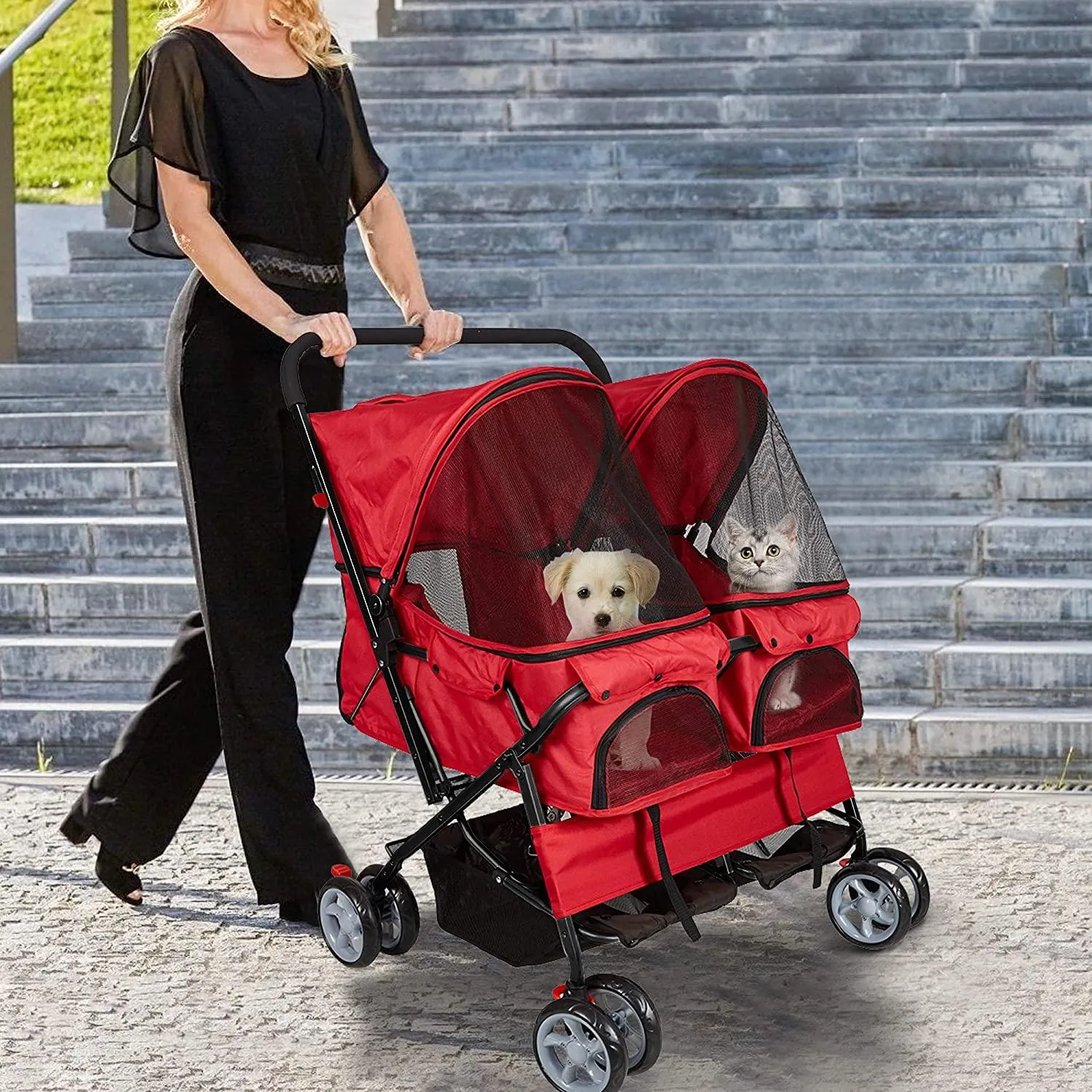 Double Seater Folding Dog Cat Pet Stroller Travel Carrier Jogger Stroller, Red