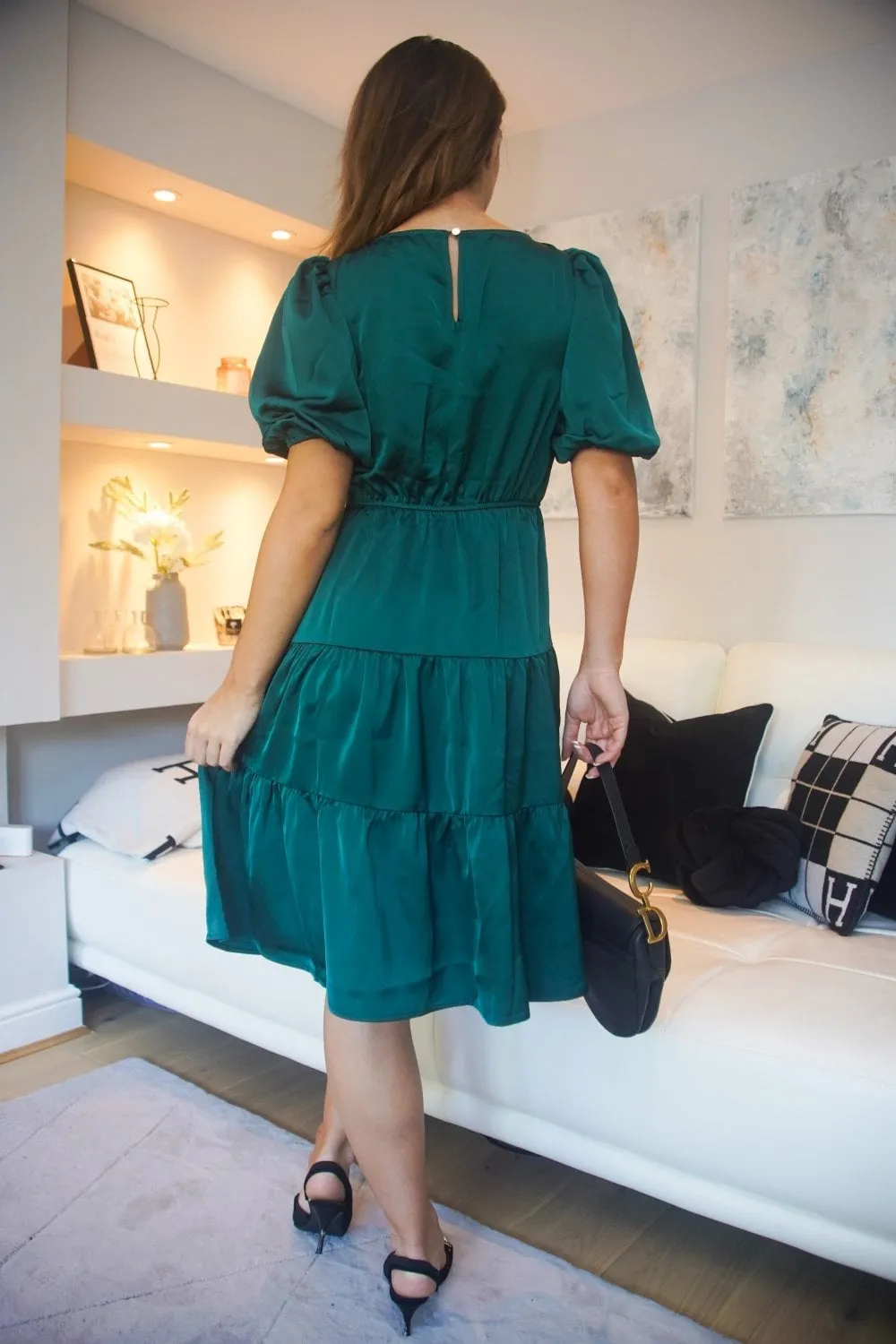 Double Second Green Satin Puff Sleeve V-neck Tiered Dress