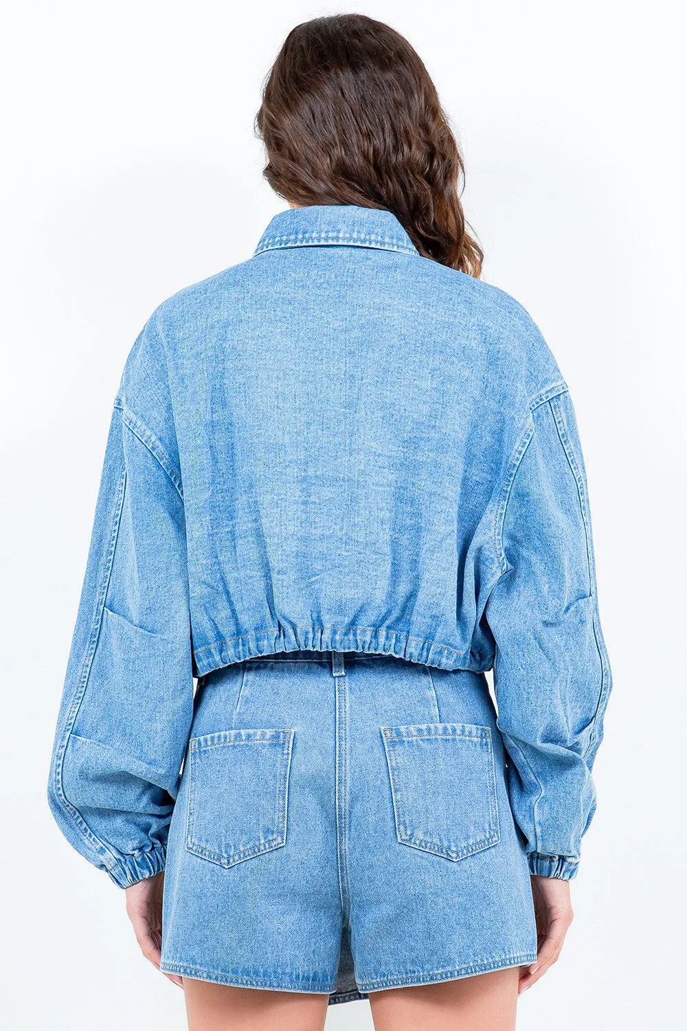 Drawstring Waist Crop Denim Jacket