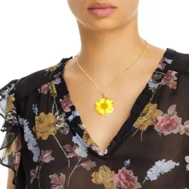 Dried Yellow Daisy Flower Pendant Gold Tone Necklace