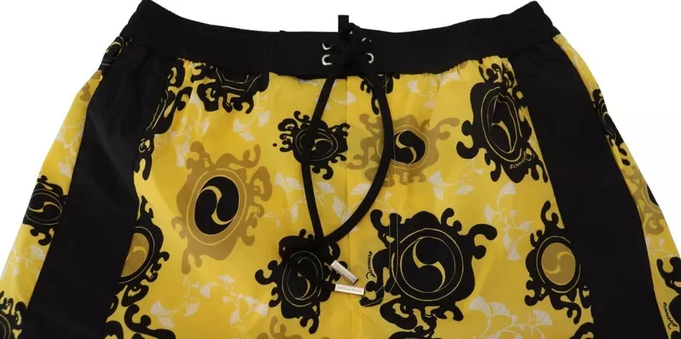 Dsquared² Yellow Black Printed Nylon Beachwear Shorts Swimwear