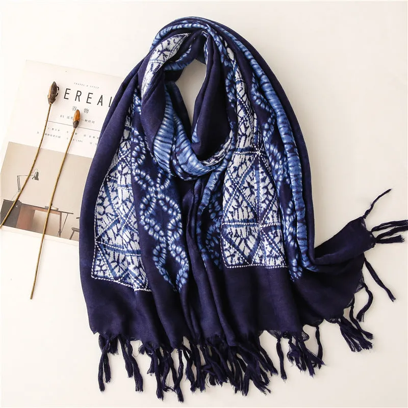 Dyed blue and white porcelain series cotton and linen scarf travel shawl literary accessories