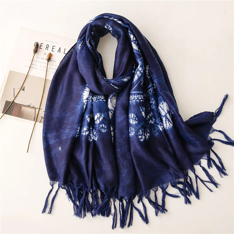 Dyed blue and white porcelain series cotton and linen scarf travel shawl literary accessories