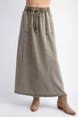 Easel Terry Knit Maxi Skirt in Faded Olive ON ORDER