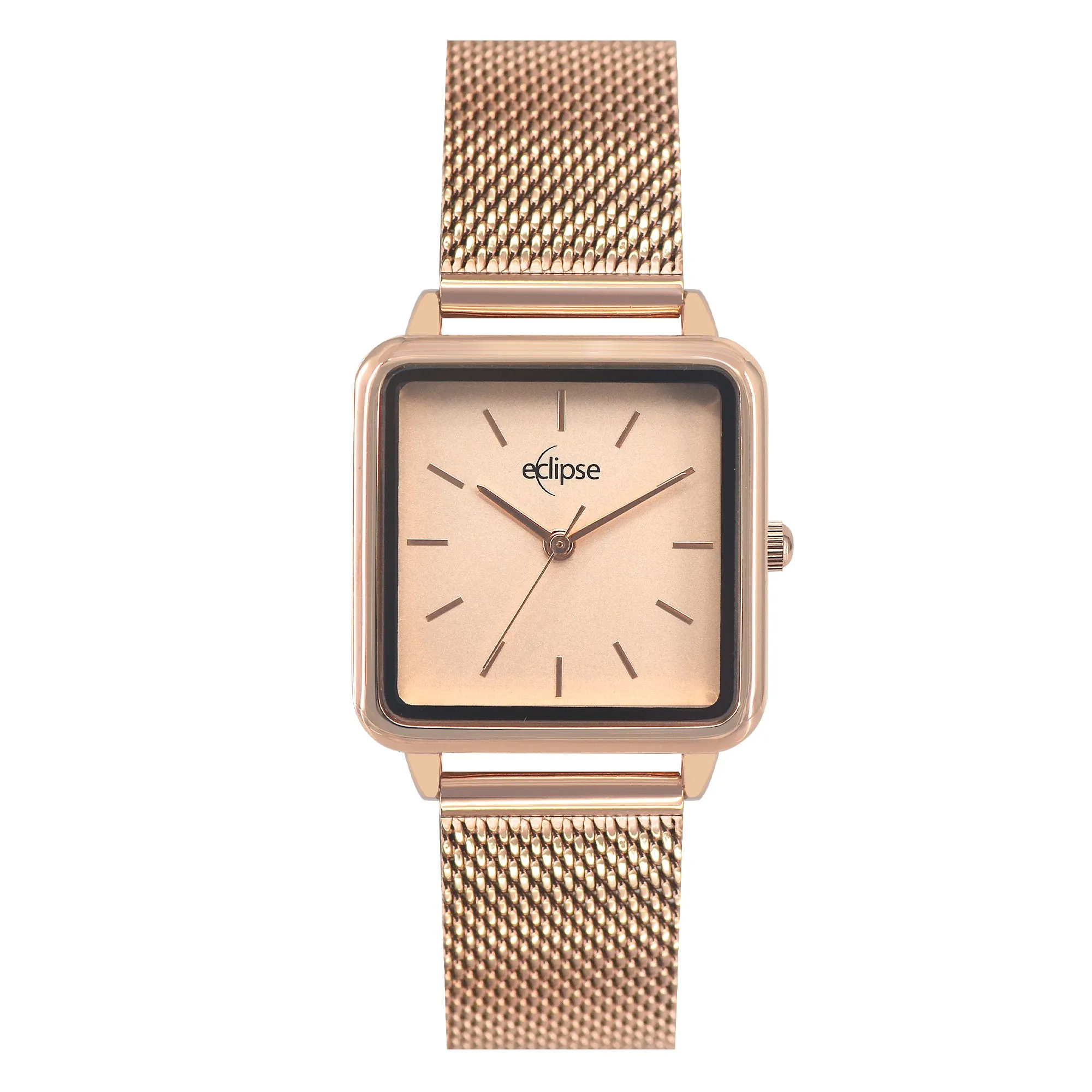 Eclipse Stainless Steel Square Rose Dial Rose Gold Band Watch