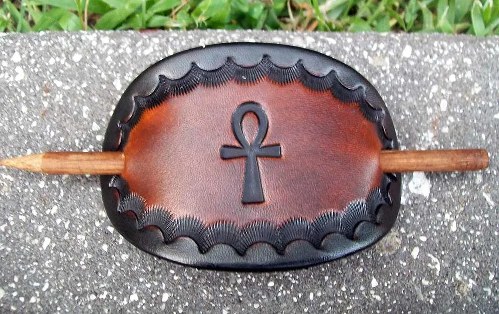 Egyptian Ankh Handmade Leather Stick Barrettes - Medium