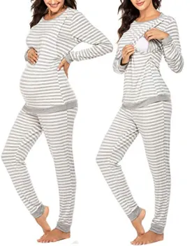 Ekouaer Maternity Clothes Winter Nursing PJS Thermal Underwear Set for Women Stirped Winter Warm Maternity & Nursing Pjs (Light Gray M)