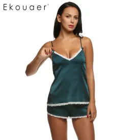 Ekouaer Women Clothes for Summer Shorts Sets V-Neck Sleepwear Satin Pajama women's Pajamas Spaghetti Strap Lace Sexy Pajama Set