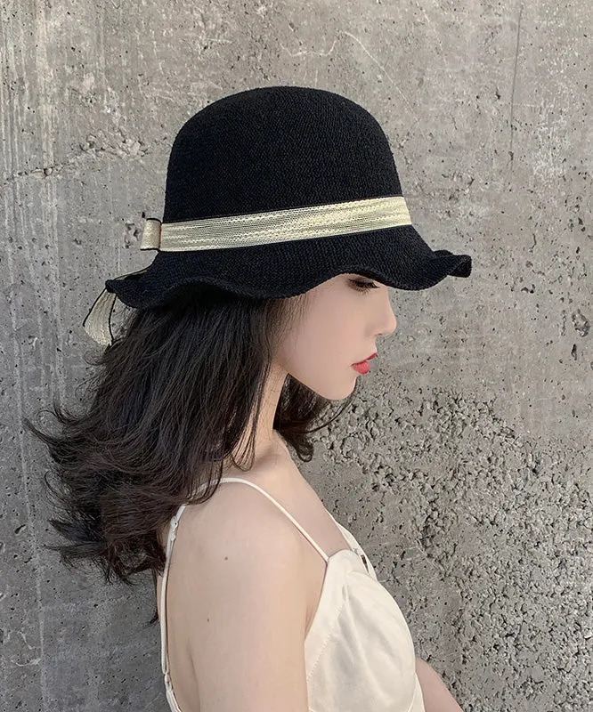 Elegant Black Ruffled Bow Straw Woven Floppy Sun Hat LY505