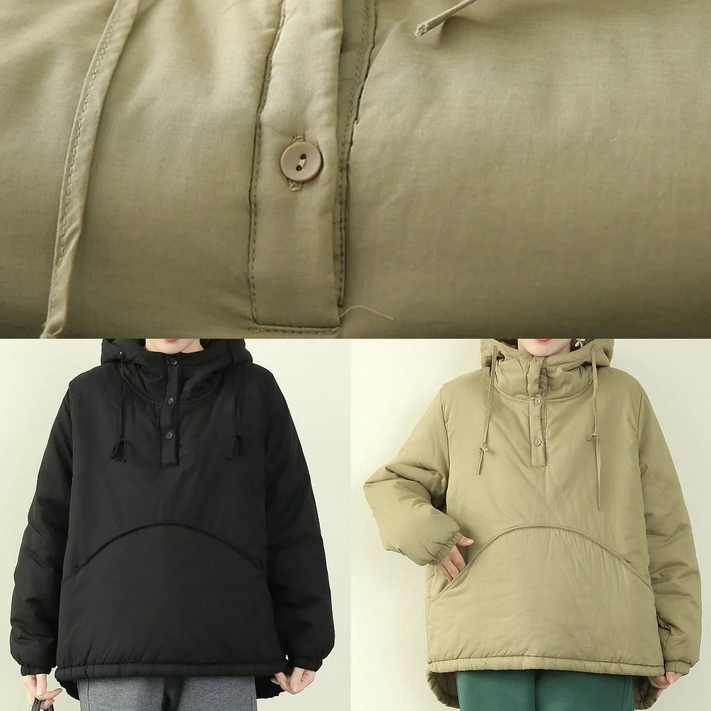 Elegant black women parka plus size snow jackets hooded drawstring coats