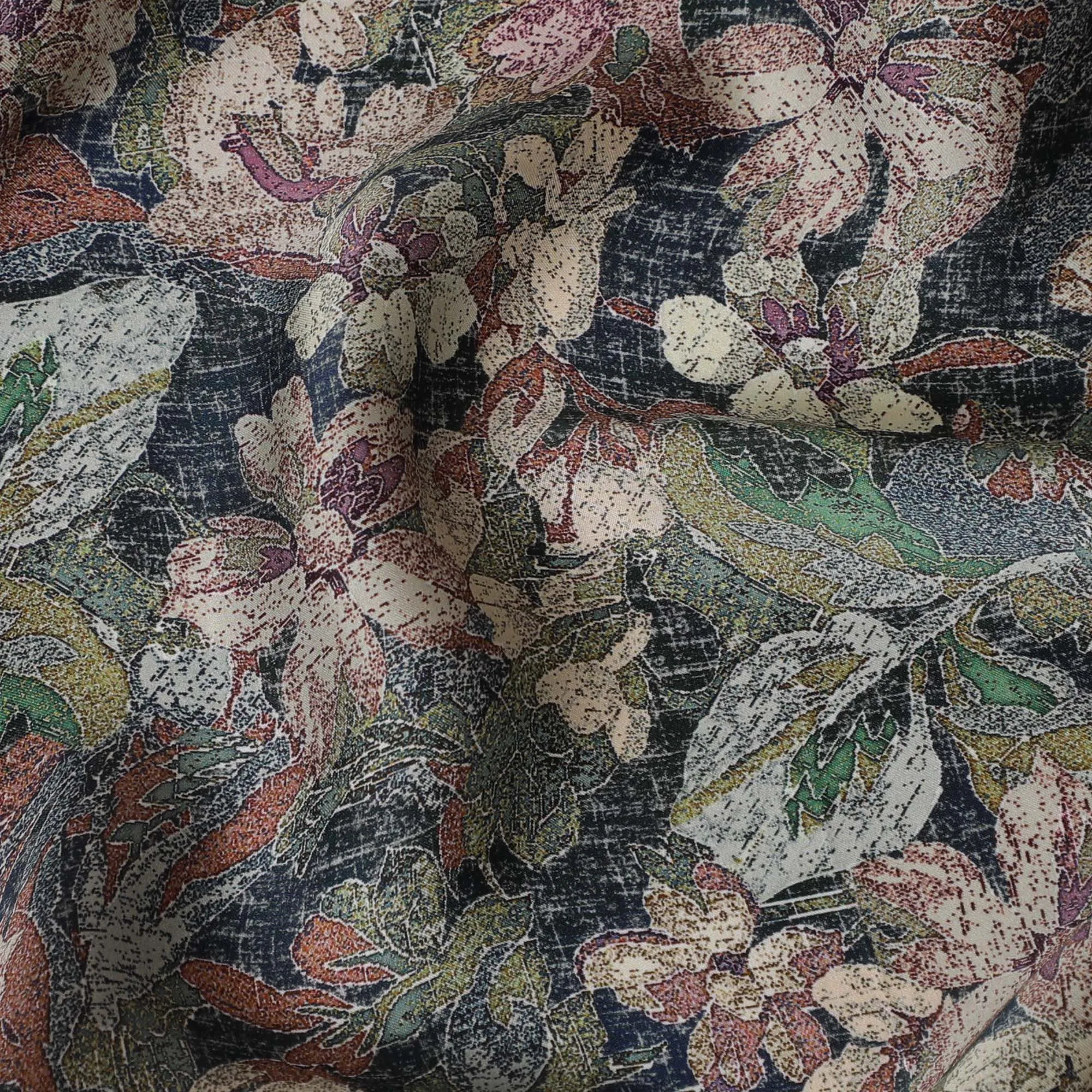 Elegant Charcoal and Pink Floral Modal Satin Fabric - 110 cm Width, Luxurious Textured Material from India-D19224