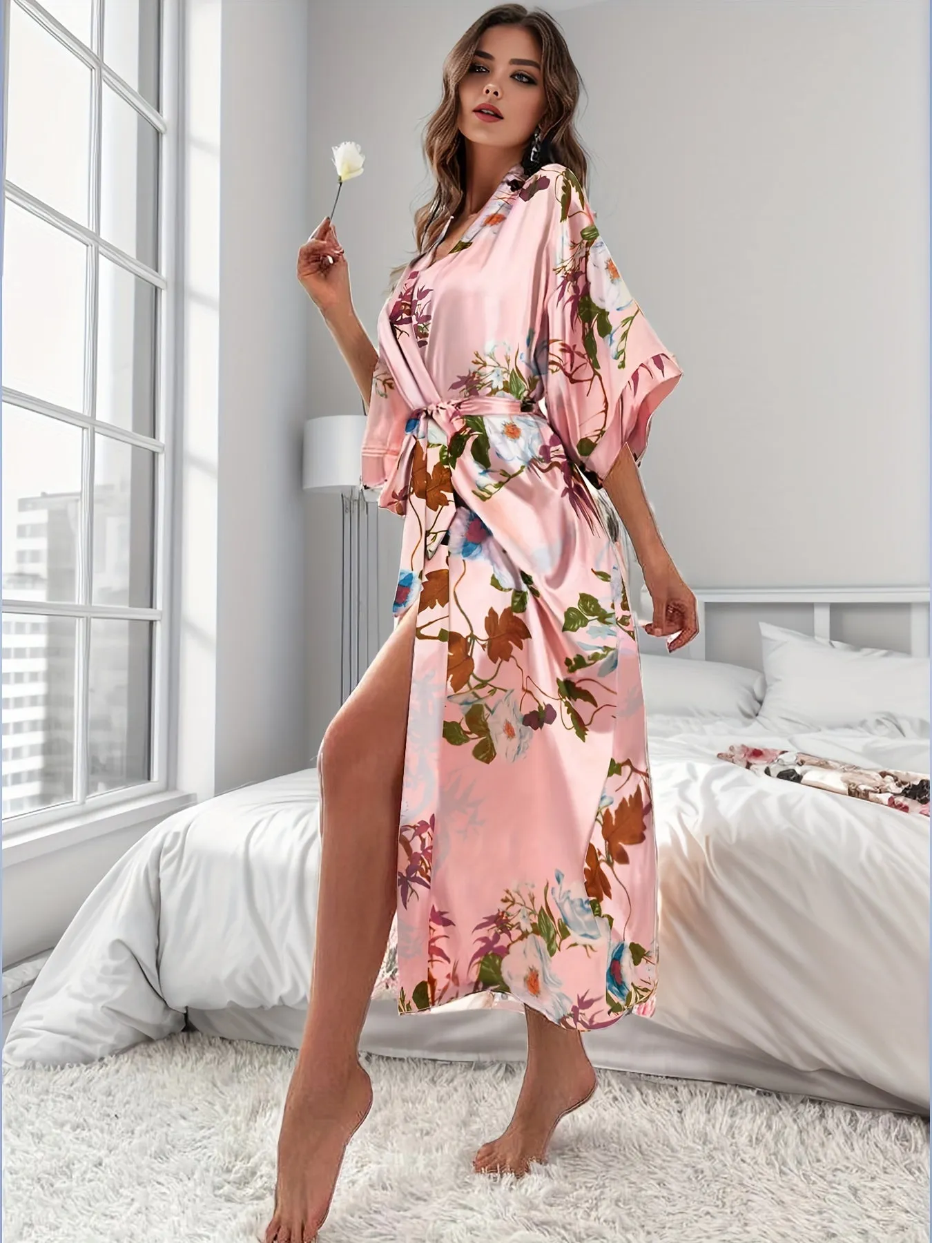 Elegant Floral Print Silky Lounge Robes, Three Quarter Sleeve Longline Home Robe With Belt, Women's Loungewear & Sleepwear