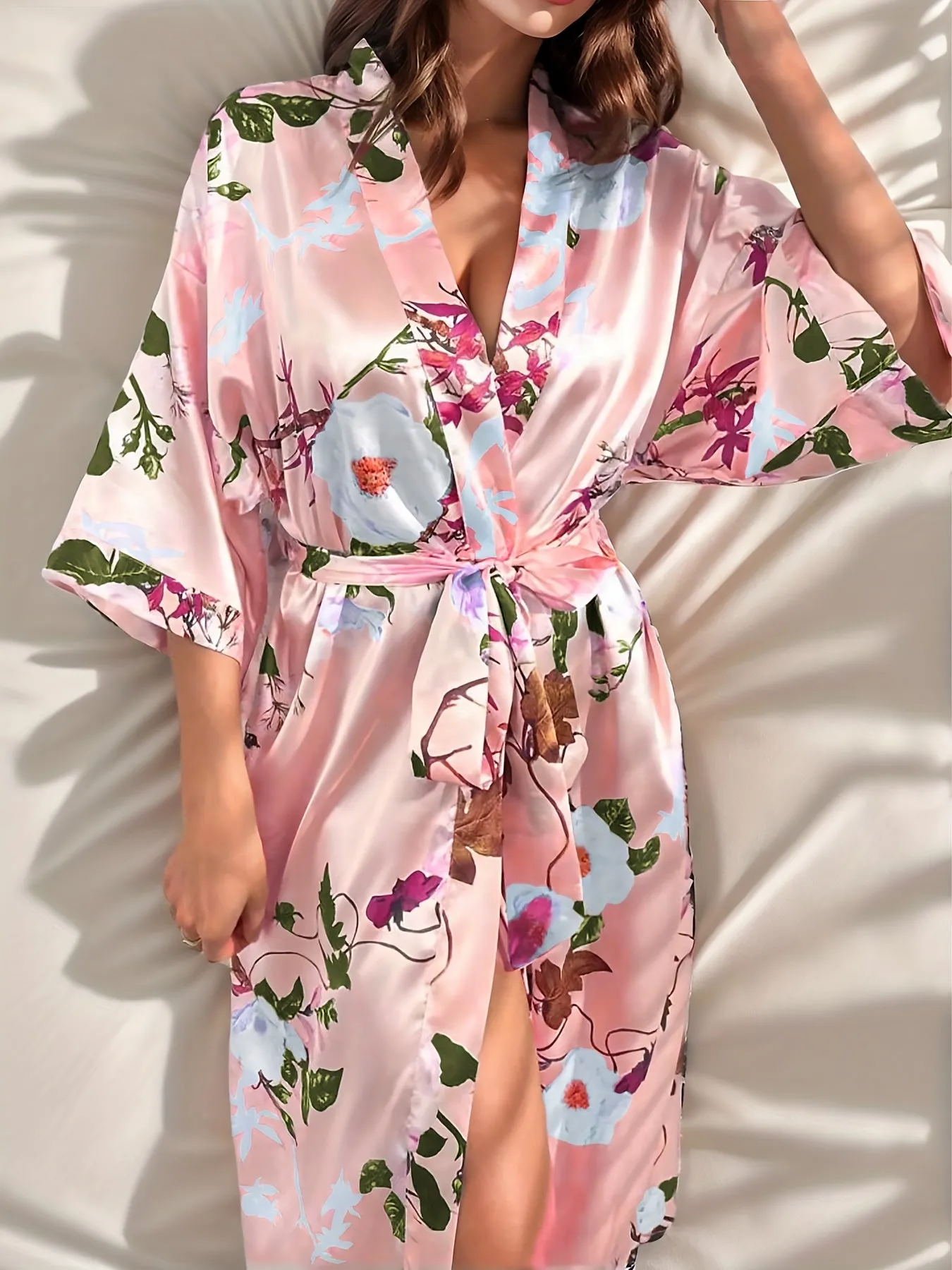 Elegant Floral Print Silky Lounge Robes, Three Quarter Sleeve Longline Home Robe With Belt, Women's Loungewear & Sleepwear