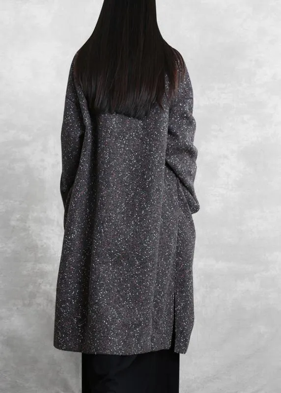 Elegant gray print woolen outwear oversized side open Winter coat