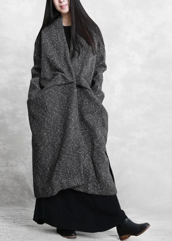 Elegant gray print woolen outwear oversized side open Winter coat