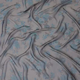 Elegant Light Grey Silk Chiffon Fabric with Blue Floral Prints, 110cm Width – Ideal for Spring Dresses and Blouses-D20099