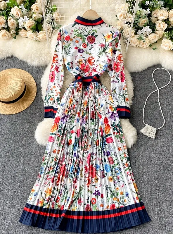 Elegant Long Sleeve Floral Printed Loose Pleated Dress