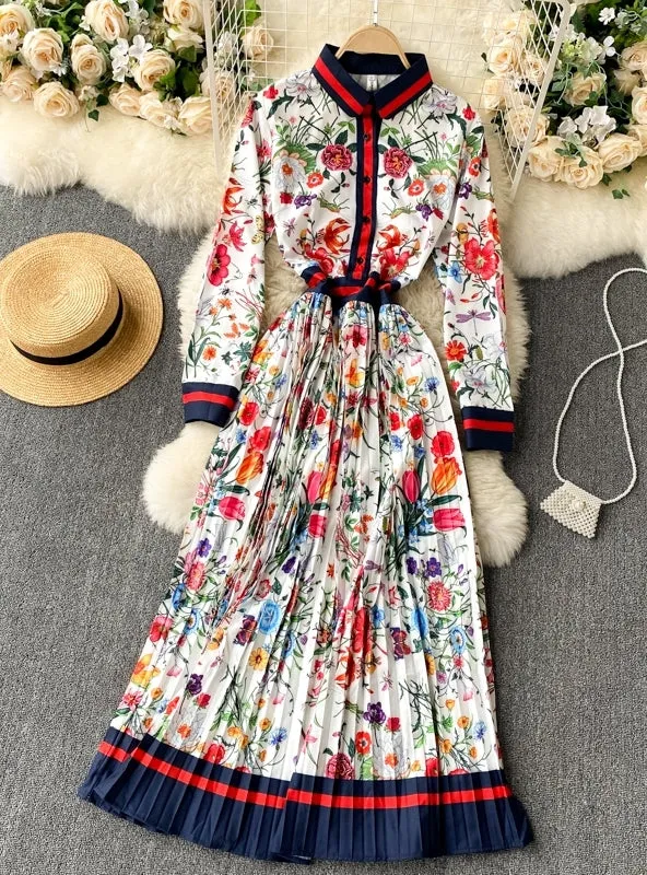 Elegant Long Sleeve Floral Printed Loose Pleated Dress