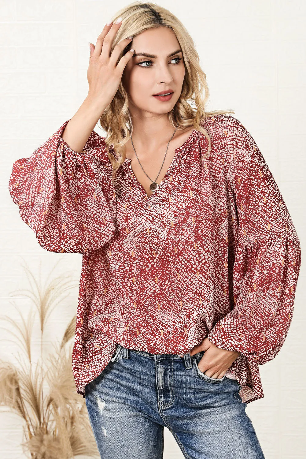 Elegant Red Abstract Lantern Sleeve Top