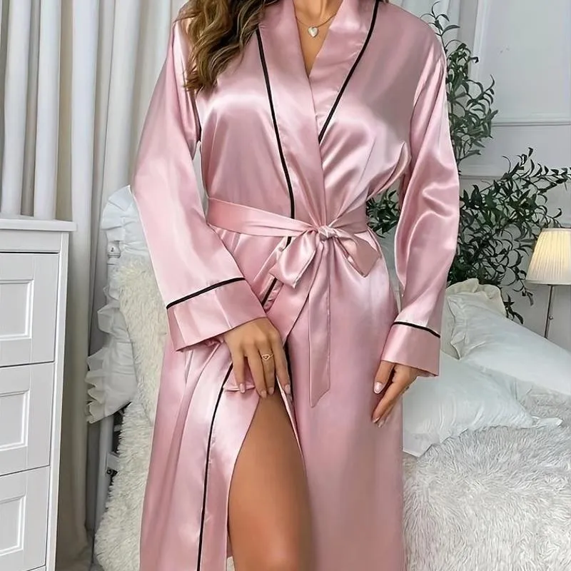 Elegant Satin Women's Robe - Lightweight, Long Sleeve with Belt & Pockets, Perfect for Home Spa & Bathroom Use