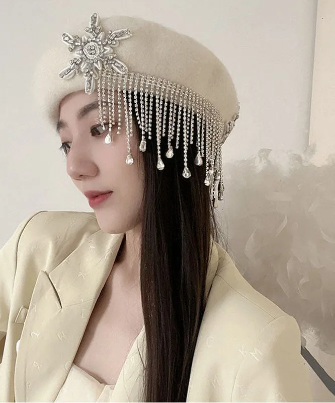 Elegant White Tassel Cashmere Baseball Cap Hat