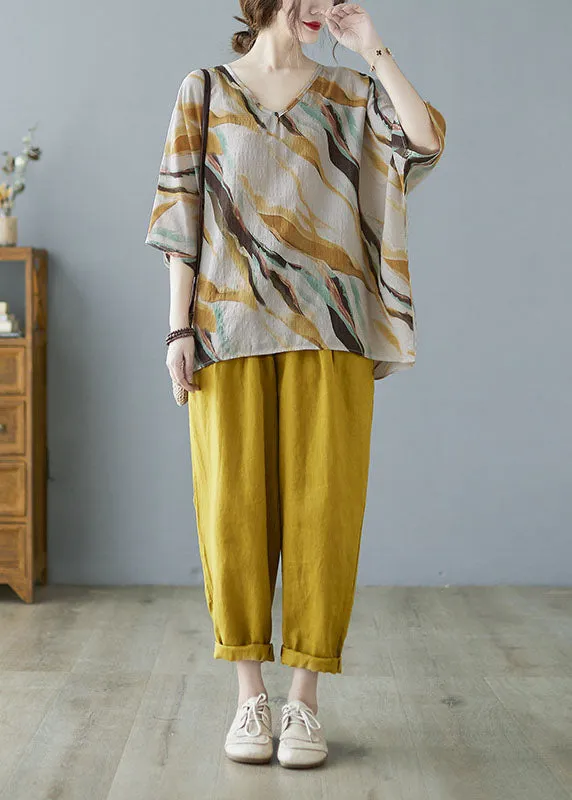 Elegant Yellow V Neck Print Fall Striped Shirt Tops Half Sleeve