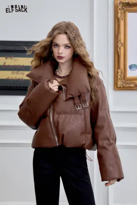 ELFSACK 2024 Winter New Arrivals Sweet and cool PU leather short down jacket for women with stand-up collar and oblique zipper design for warm coat