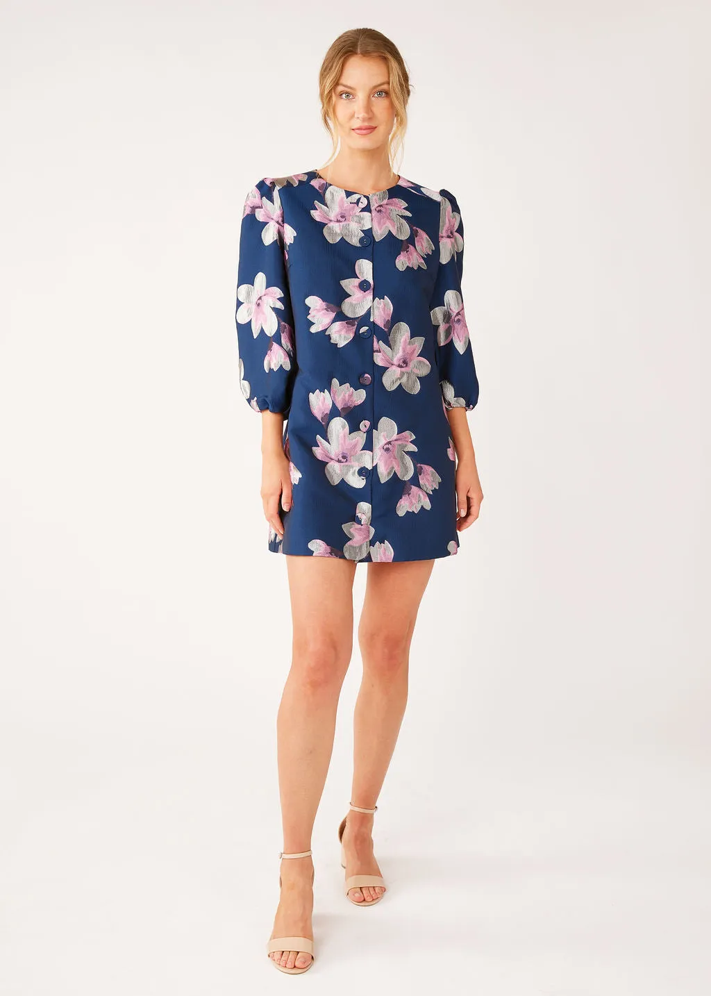 Ellen Dress Blue Plumeria Jacquard