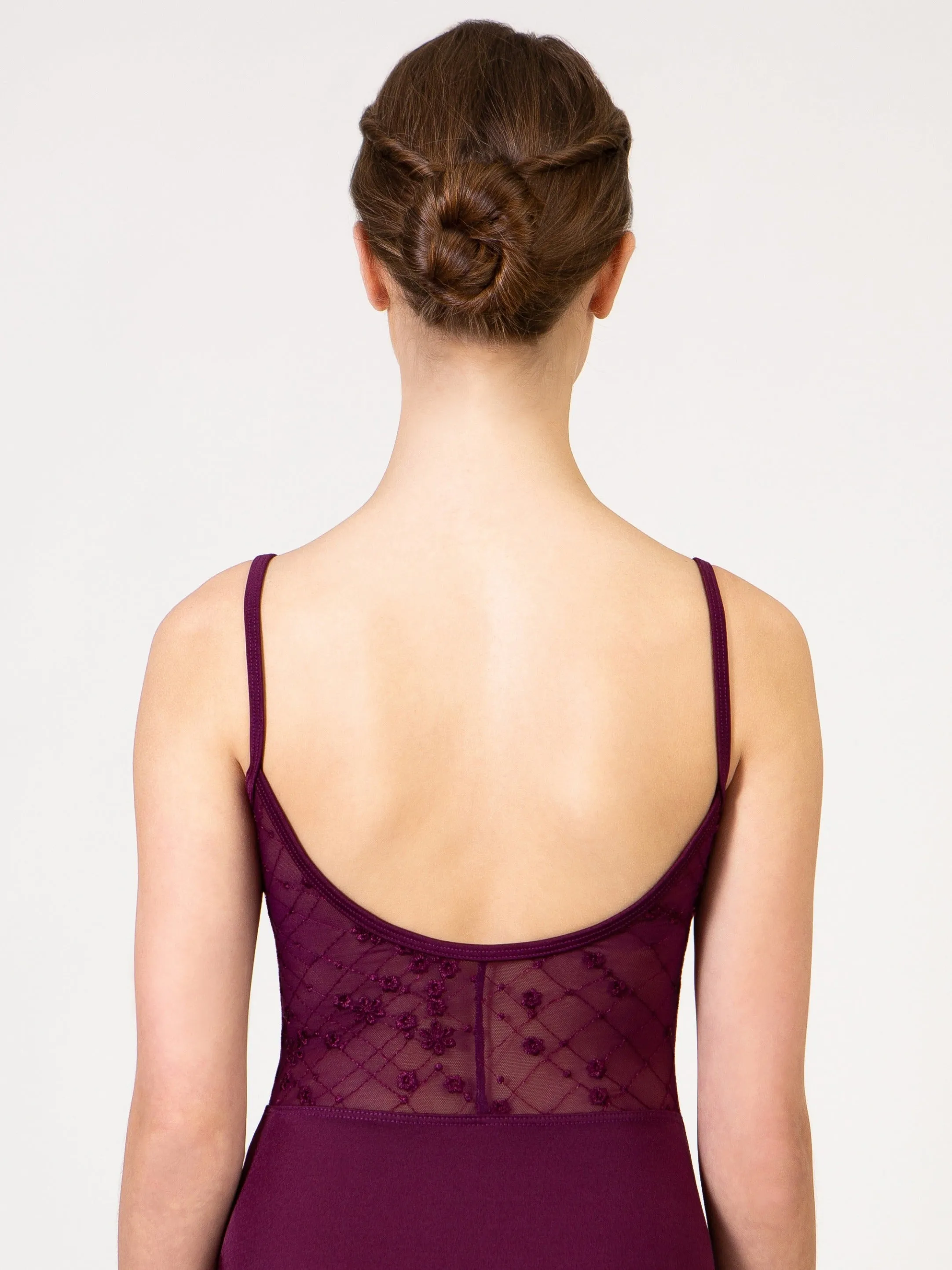 Embroidered Mesh Pinch Front Camisole Leotard