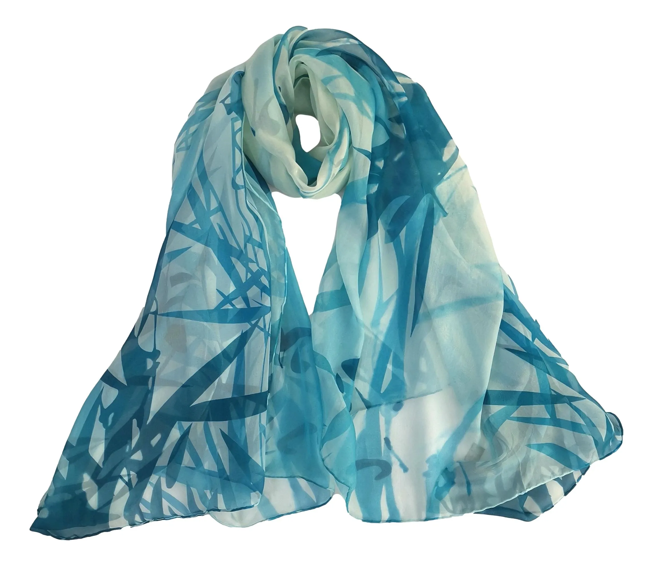 Extra Wide High Quality Silk Chiffon Scarf Blue Theme Bamboo Print SCH525