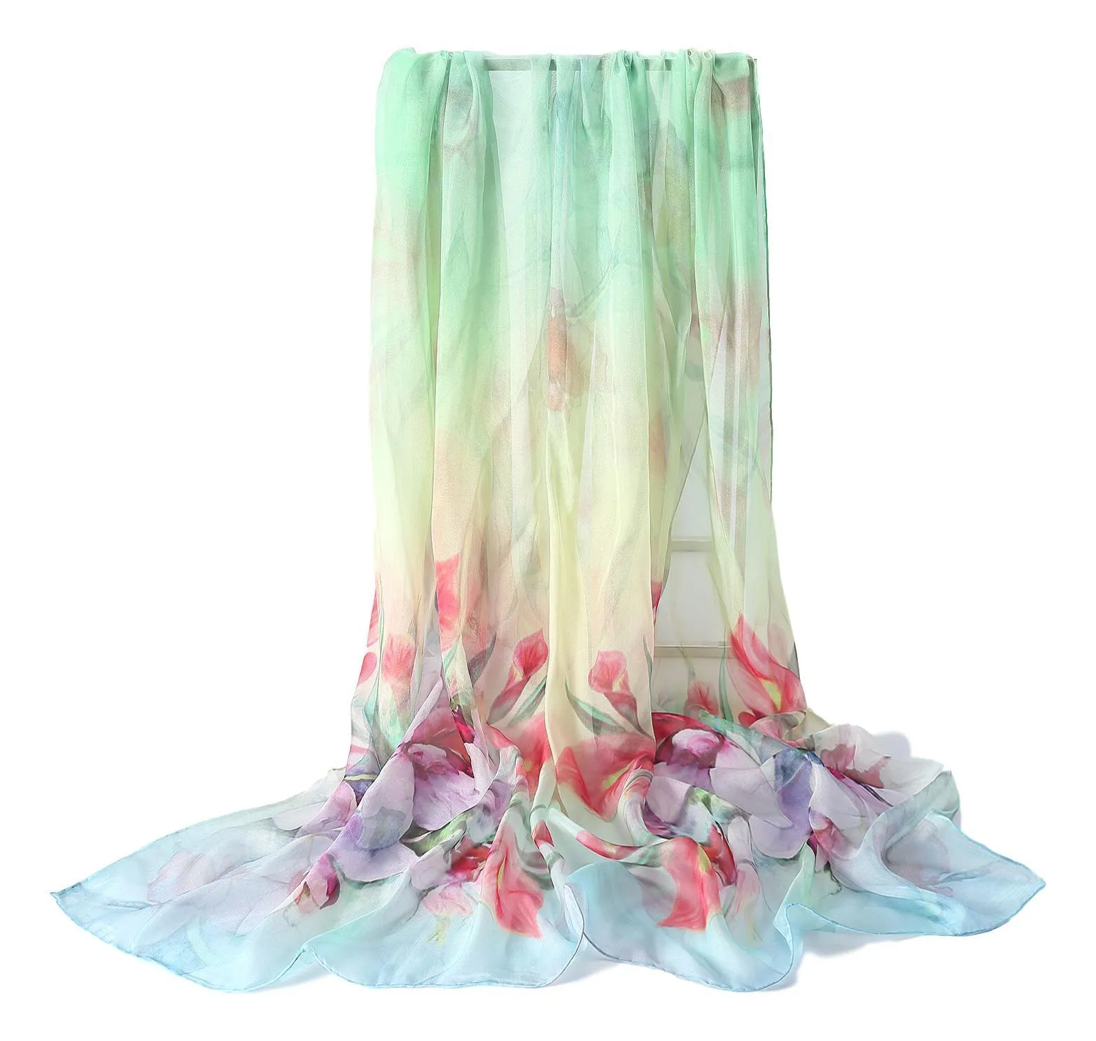 Extra Wide High Quality Silk Chiffon Scarf Light Blue and green Floral Print SCH512